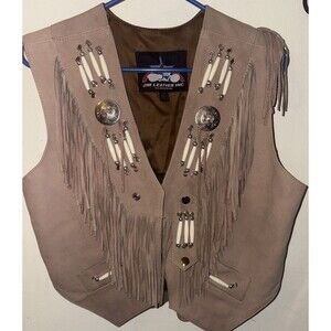 JIM LEATHER Tan Fringe Western Style Lined Unisex Biker Western Style Vest SZ XL